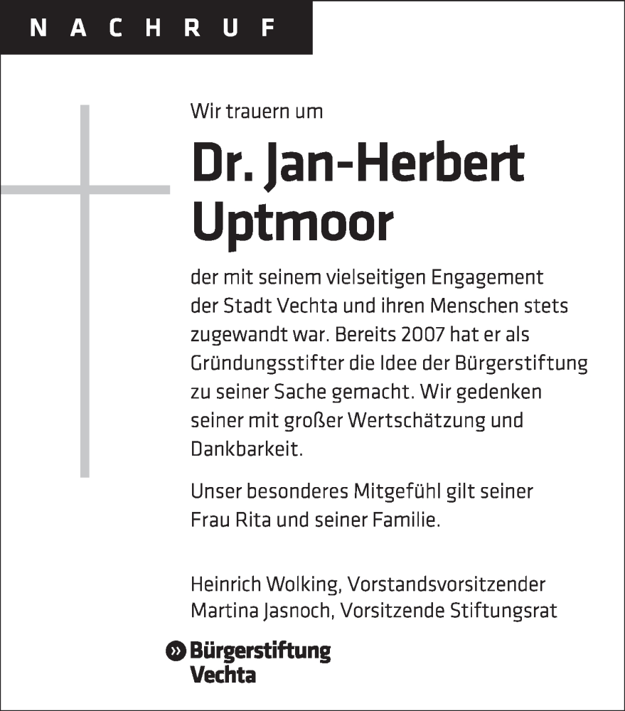  Traueranzeige für Jan-Herbert Uptmoor vom 30.12.2022 aus OM-Medien