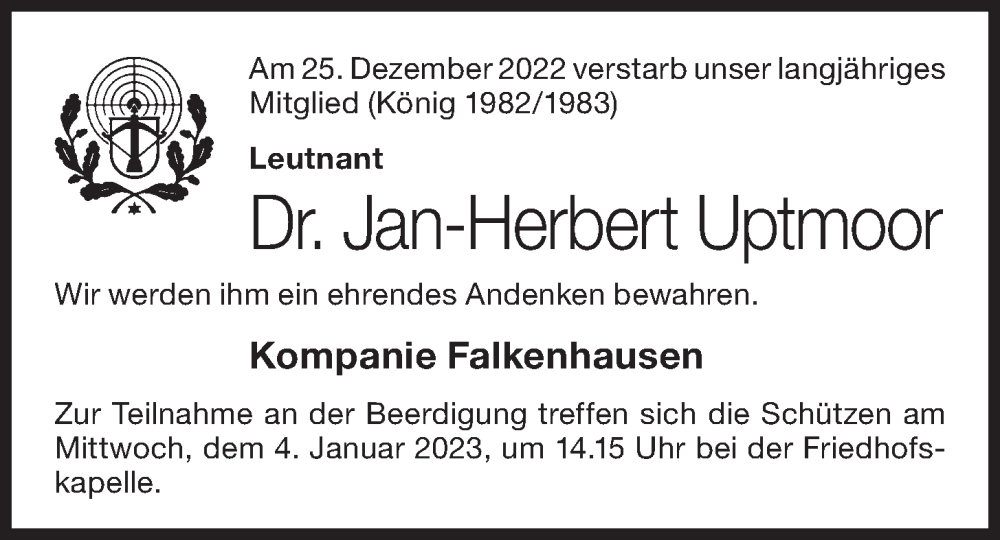  Traueranzeige für Jan-Herbert Uptmoor vom 30.12.2022 aus OM-Medien