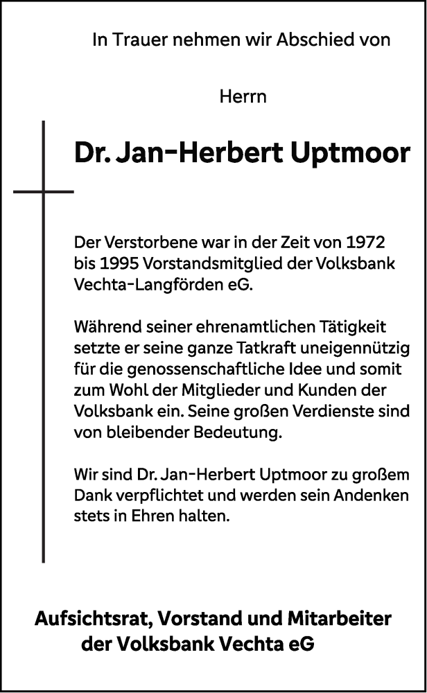  Traueranzeige für Jan-Herbert Uptmoor vom 29.12.2022 aus OM-Medien