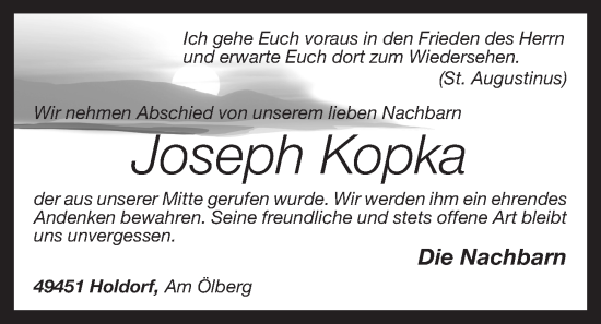 Anzeige von Joseph Kopka von OM-Medien