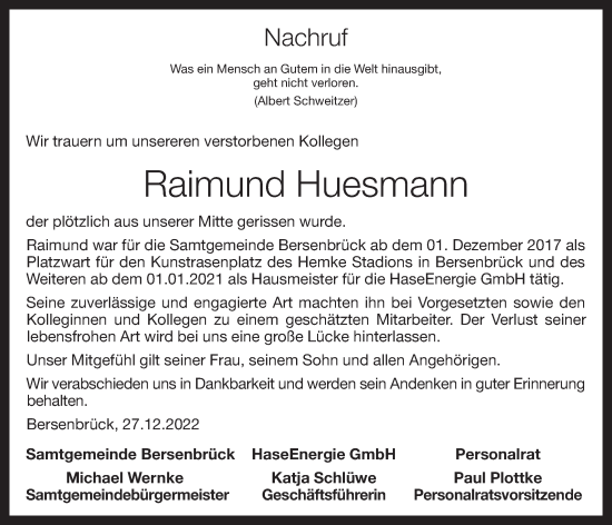 Anzeige von Raimund Huesmann von OM-Medien