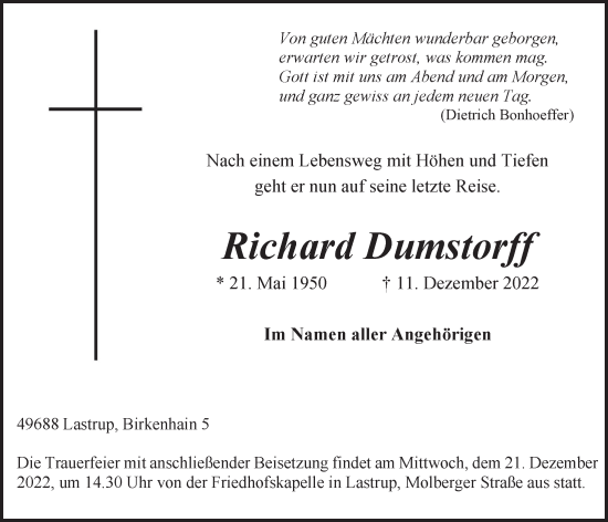 Anzeige von Richard Dumstorff von OM-Medien