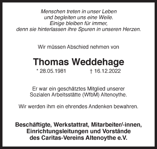 Anzeige von Thomas Weddehage von OM-Medien