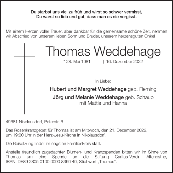 Anzeige von Thomas Weddehage von OM-Medien