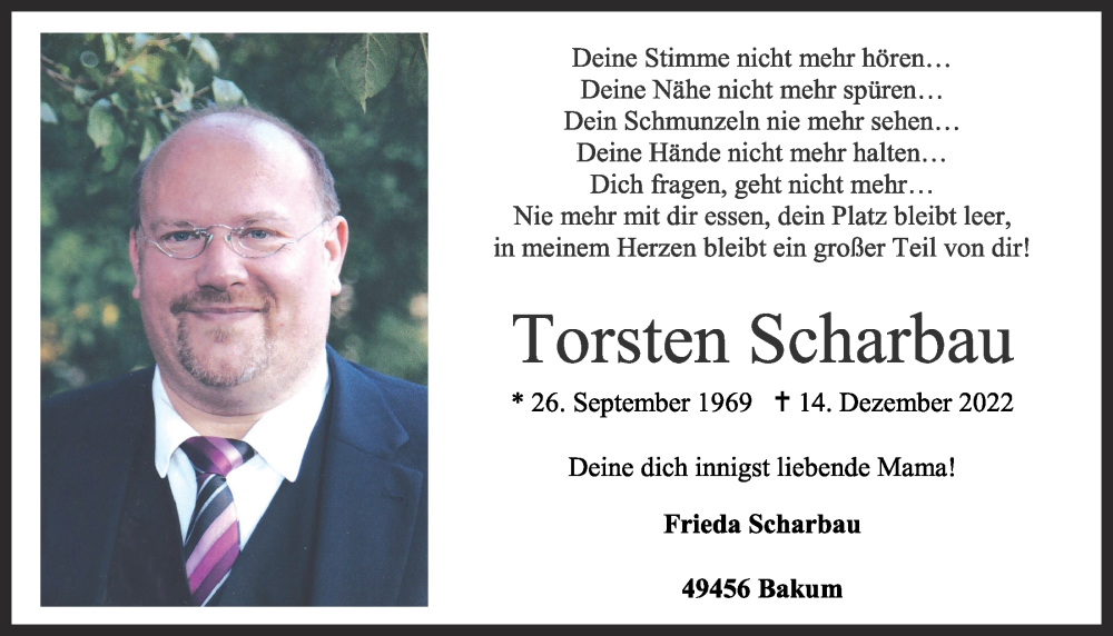  Traueranzeige für Torsten Scharbau vom 19.12.2022 aus OM-Medien