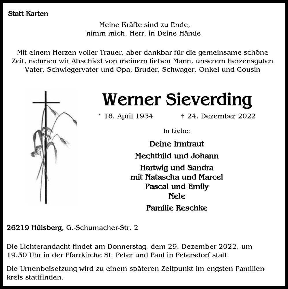  Traueranzeige für Werner Sieverding vom 29.12.2022 aus OM-Medien