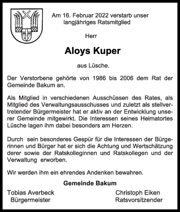 Anzeige von Aloys Kuper von OM-Medien