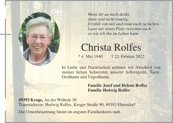 Anzeige von Christa Rolfes von OM-Medien