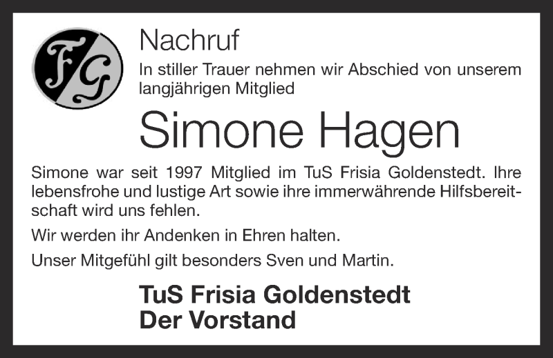  Traueranzeige für Simone Hagen vom 08.02.2022 aus OM-Medien