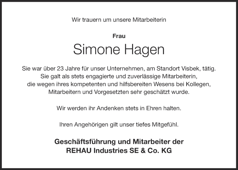  Traueranzeige für Simone Hagen vom 08.02.2022 aus OM-Medien