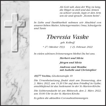 Anzeige von Theresia Vaske von OM-Medien