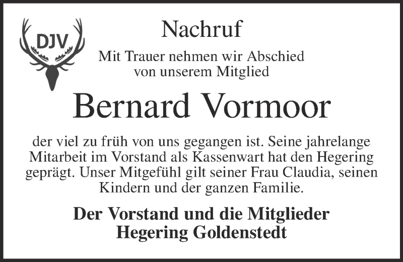  Traueranzeige für Bernard Vormoor vom 19.03.2022 aus OM-Medien