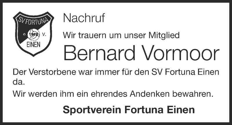  Traueranzeige für Bernard Vormoor vom 19.03.2022 aus OM-Medien