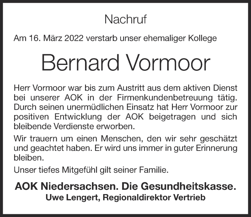  Traueranzeige für Bernard Vormoor vom 21.03.2022 aus OM-Medien