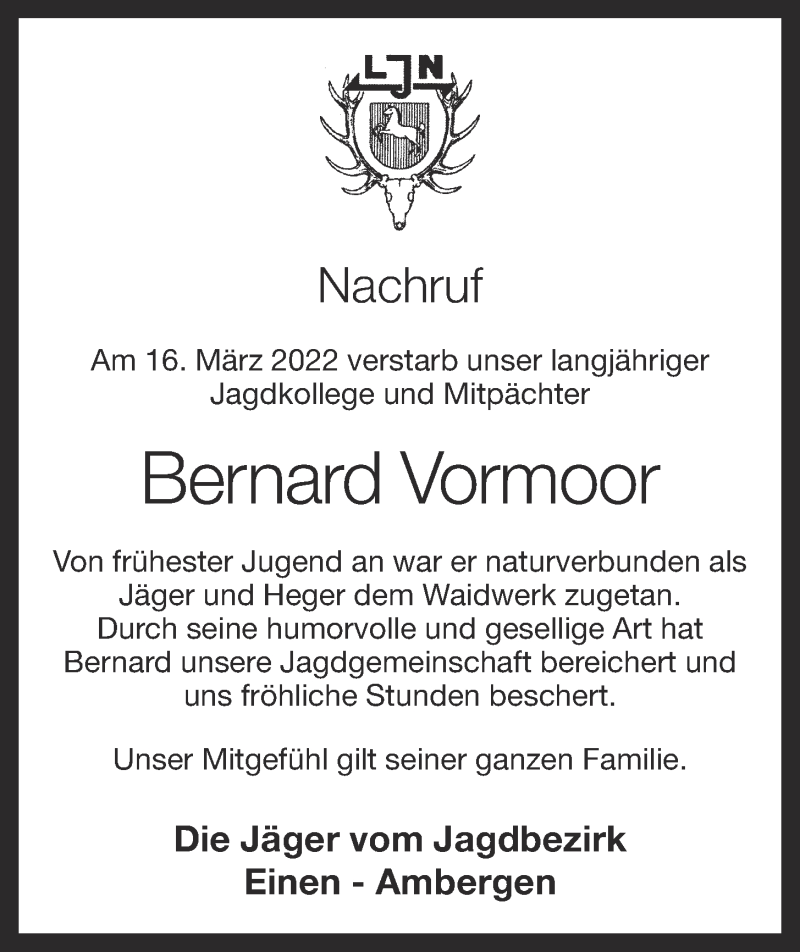  Traueranzeige für Bernard Vormoor vom 19.03.2022 aus OM-Medien