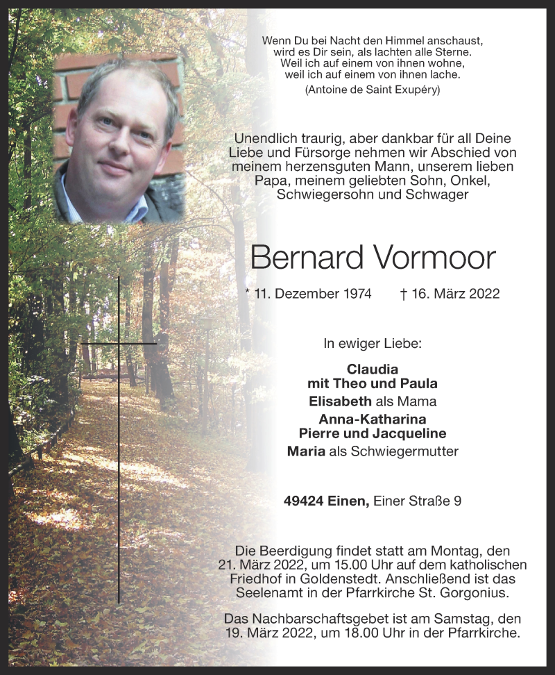  Traueranzeige für Bernard Vormoor vom 18.03.2022 aus OM-Medien