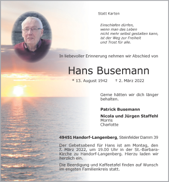 Anzeige von Hans Busemann von OM-Medien