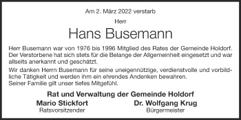 Anzeige von Hans Busemann von OM-Medien