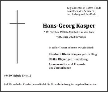 Anzeige von Hans-Georg Kasper von OM-Medien