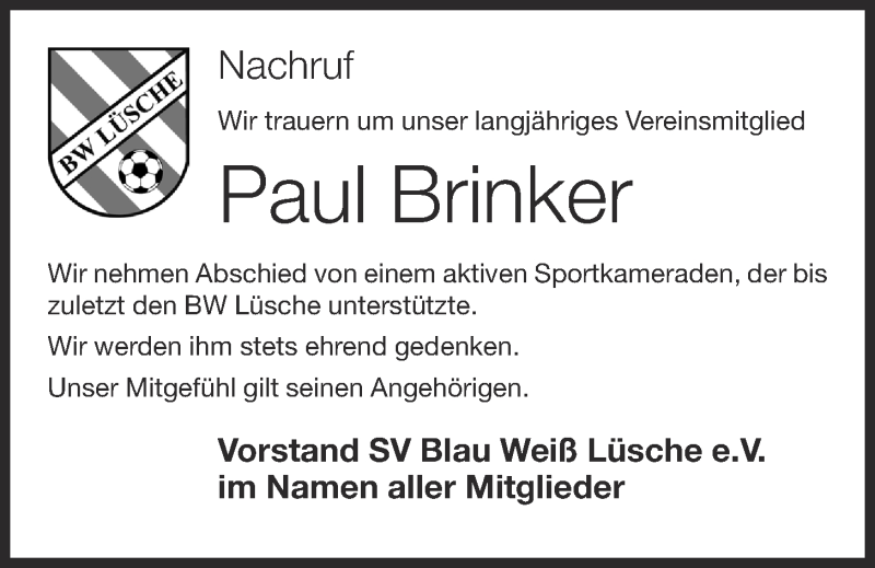  Traueranzeige für Paul Brinker vom 16.03.2022 aus OM-Medien