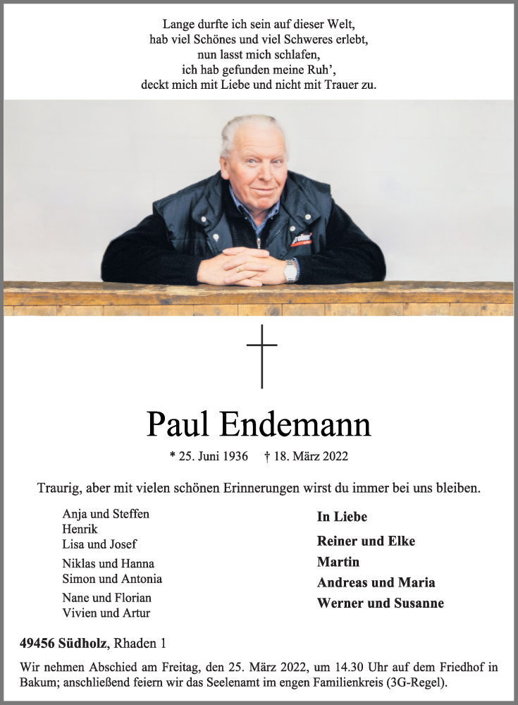  Traueranzeige für Paul Endemann vom 22.03.2022 aus OM-Medien