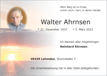 Anzeige von Walter Ahrnsen von OM-Medien