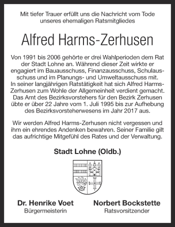 Anzeige von Alfred Harms-Zerhusen von OM-Medien