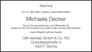 Anzeige von Michaela Decker von OM-Medien