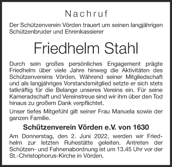 Anzeige von Friedhelm Stahl von OM-Medien