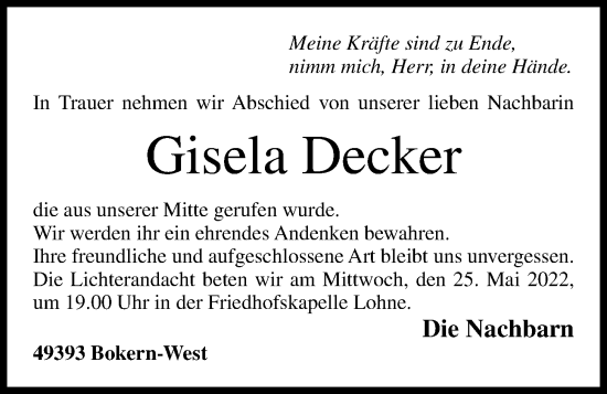 Anzeige von Gisela Decker von OM-Medien