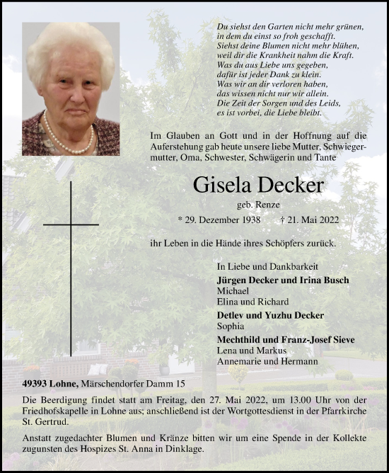 Anzeige von Gisela Decker von OM-Medien