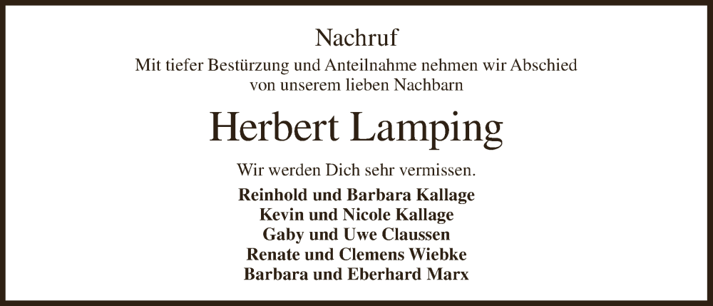 Traueranzeigen Von Herbert Lamping | Om-trauer.de