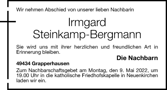 Anzeige von Irmgard Steinkamp-Bergmann von OM-Medien