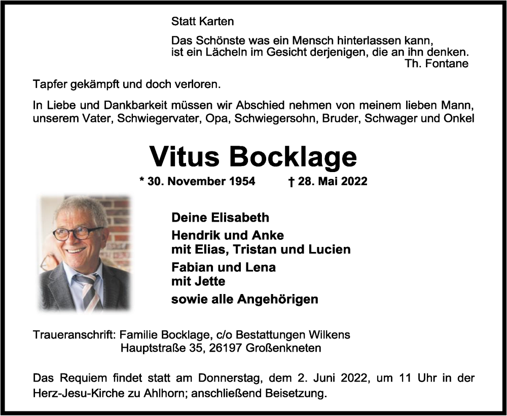  Traueranzeige für Vitus Bocklage vom 31.05.2022 aus OM-Medien