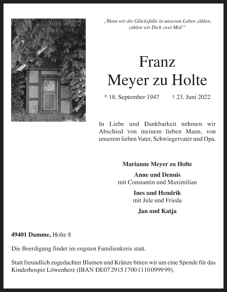  Traueranzeige für Franz Meyer zu Holte vom 25.06.2022 aus OM-Medien