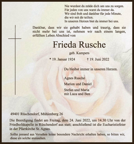 Anzeige von Frieda Rusche von OM-Medien