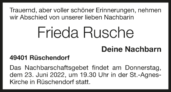 Anzeige von Frieda Rusche von OM-Medien