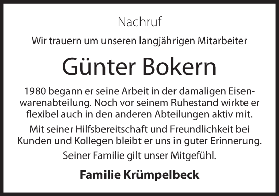 Anzeige von Günter Bokern von OM-Medien