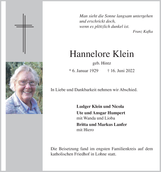 Anzeige von Hannelore Klein von OM-Medien