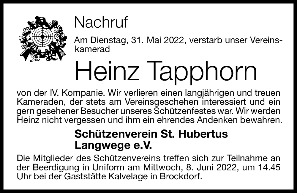  Traueranzeige für Heinz Tapphorn vom 04.06.2022 aus OM-Medien