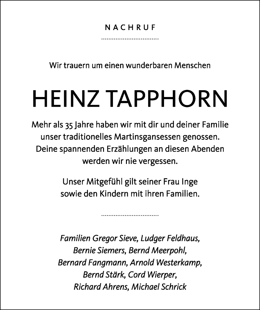  Traueranzeige für Heinz Tapphorn vom 04.06.2022 aus OM-Medien