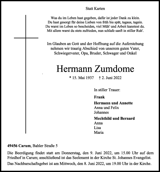 Anzeige von Hermann Zumdome von OM-Medien