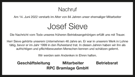 Anzeige von Josef Sieve von OM-Medien