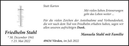 Anzeige von Friedhelm Stahl von OM-Medien