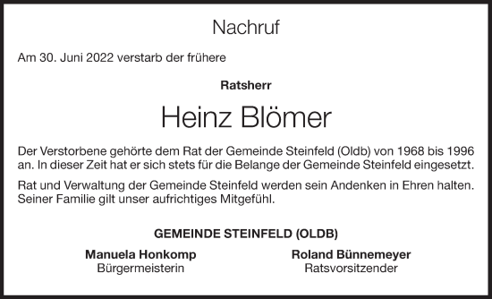 Anzeige von Heinz Blömer von OM-Medien