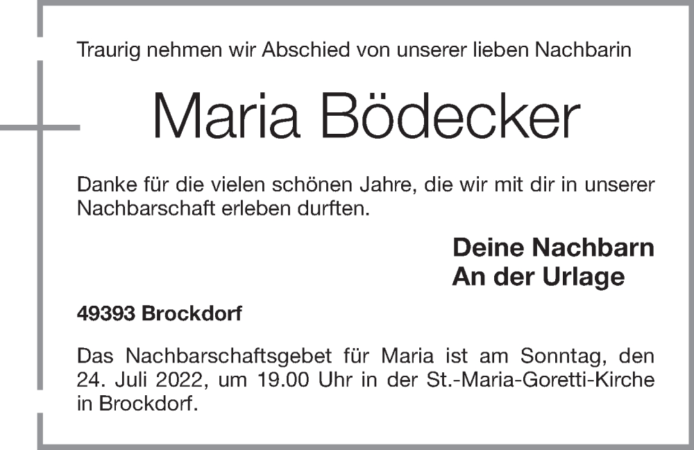  Traueranzeige für Maria Bödecker vom 22.07.2022 aus OM-Medien