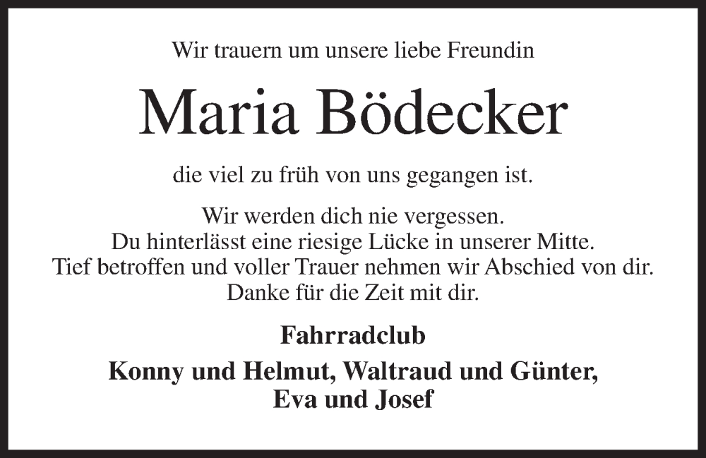  Traueranzeige für Maria Bödecker vom 23.07.2022 aus OM-Medien