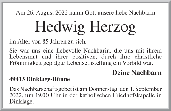 Anzeige von Hedwig Herzog von OM-Medien