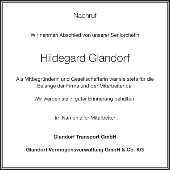 Anzeige von Hildegard Glandorf von OM-Medien