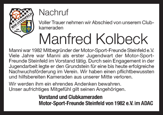 Anzeige von Manfred Kolbeck von OM-Medien